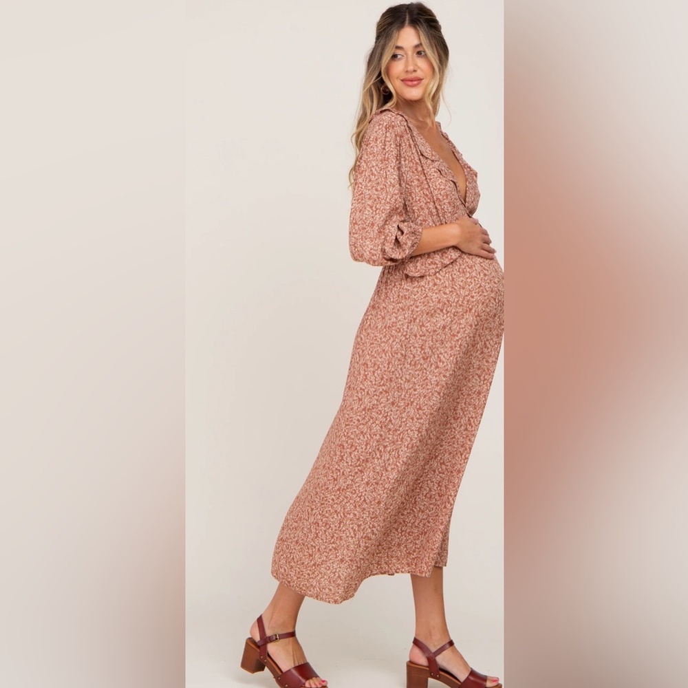 Pink Blush Rust Floral Ruffle V-Neck Maternity Midi Dress Size Medium - Picture 2 of 5